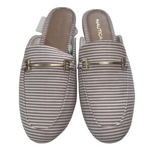 Nautica Labella 4 Tan White Striped Mules Gold Bit Slip On Shoes Womens 7.5 NEW